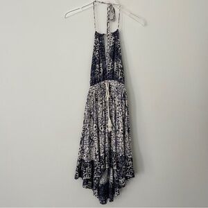 Free People Blue Beach Day Halter Tie Mini Dress Open Back Boho Flowy Festival